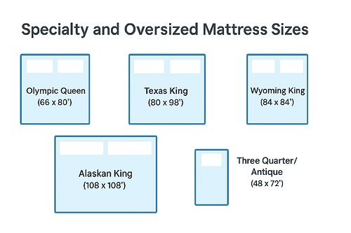 Mattress Sizes and Dimensions Guide 2 Large oversized mattresses for specialty bed sizes including queen, king, and custom sizes for improved sleep comfort and support. Perfect for those seeking expert mattress options and advice.