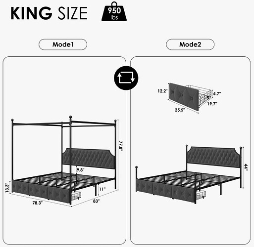 Artevious+Upholstered+Metal+Canopy+Storage+Bed-measurements