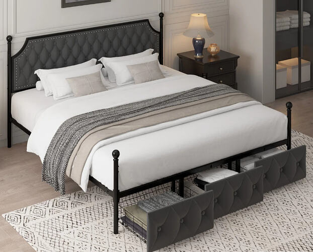 Artevious+Upholstered+Metal+Canopy+Storage+Bed-front angled view