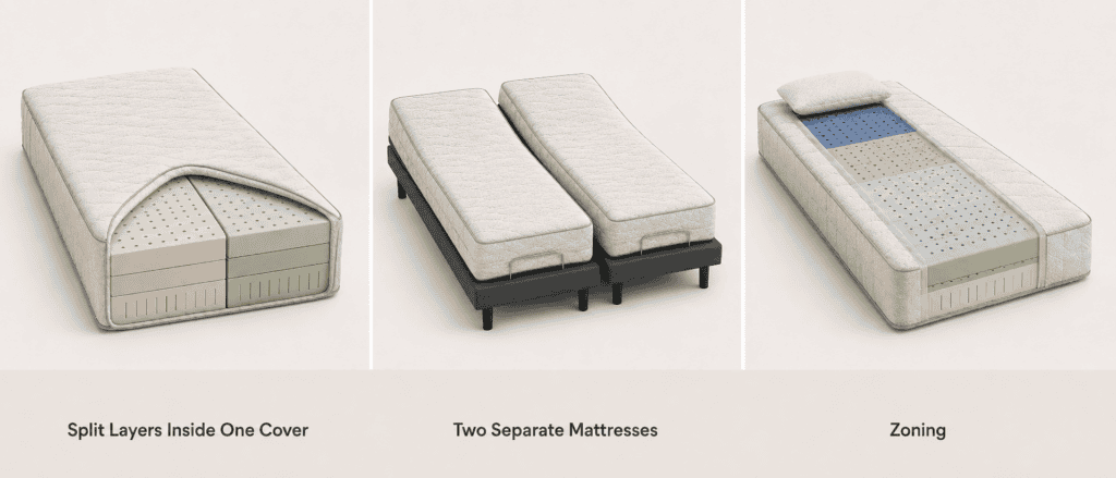 Detailed view of mattress construction showing split layers, two separate mattresses, and zoning for comfort and support.